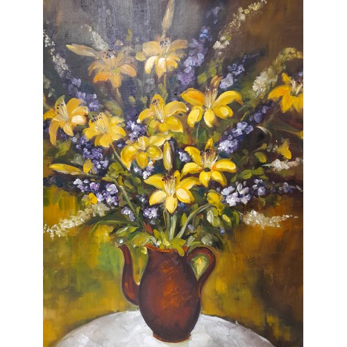 61 - Large Framed Oil on Canvas Still Life 'Vase of Flowers on a Table', signed Rosa De Pourcq lower righ... 