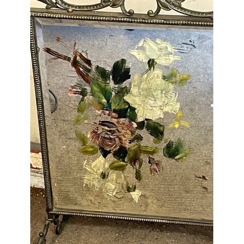 15 - Antique Painted On Glass With Brass Surround Fire Screen. 84 cms High