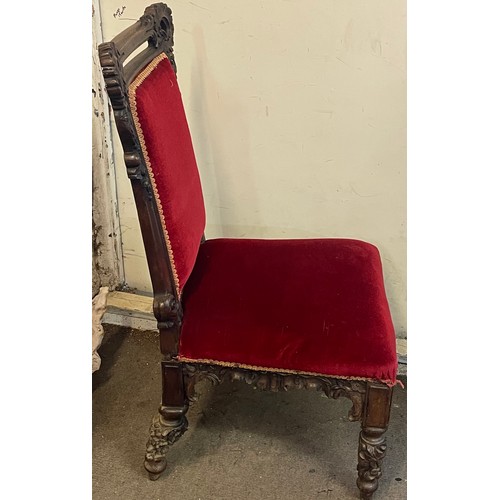 19 - Antique Upholstered Chair With Carved Decoration.