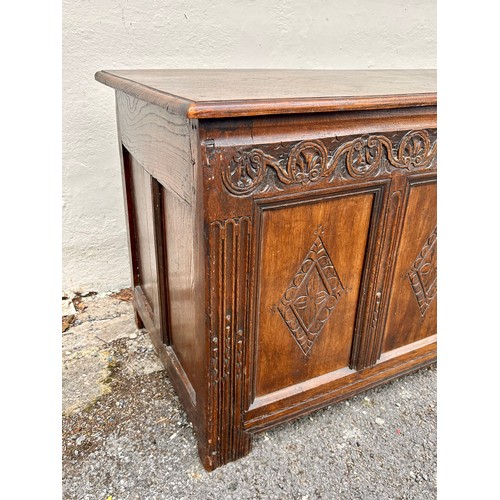 39 - Large Antique Oak Engraved Coffer. 149cm x 59cm x 70cm.