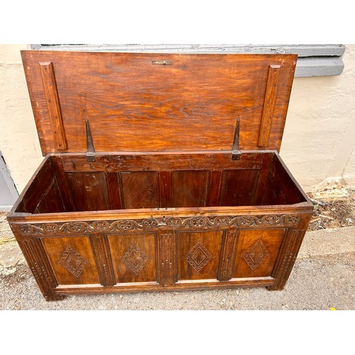 39 - Large Antique Oak Engraved Coffer. 149cm x 59cm x 70cm.