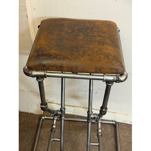 492 - Industrial Style Pipework High Stool With Faux Leather Top. Note Unsure On Load Level.