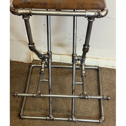 492 - Industrial Style Pipework High Stool With Faux Leather Top. Note Unsure On Load Level.