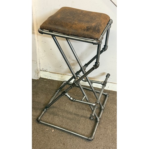 492 - Industrial Style Pipework High Stool With Faux Leather Top. Note Unsure On Load Level.