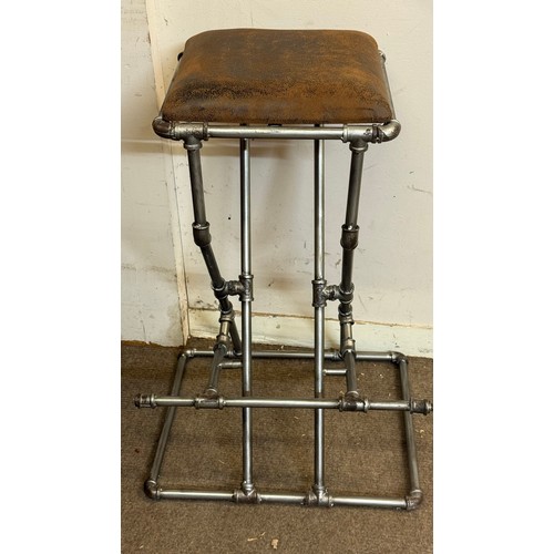 492 - Industrial Style Pipework High Stool With Faux Leather Top. Note Unsure On Load Level.