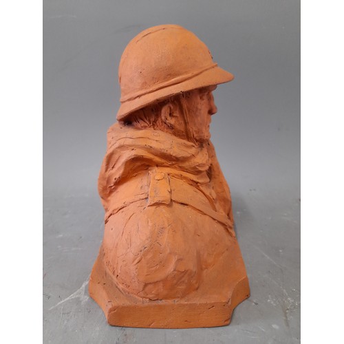 160 - Terracotta Bust of a French Soldier with signature, 18cm x 9cm x 11cm