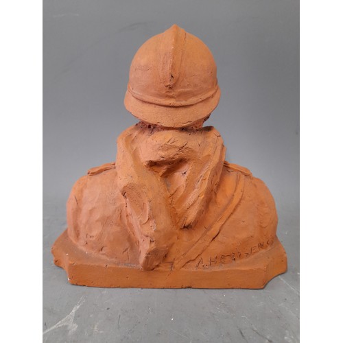 160 - Terracotta Bust of a French Soldier with signature, 18cm x 9cm x 11cm