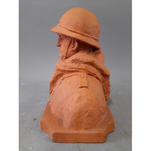 160 - Terracotta Bust of a French Soldier with signature, 18cm x 9cm x 11cm