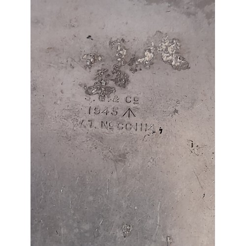 166 - WW2 aluminium Soap Holder with hinged id dated 1945 with Broad Arrow, contains soap bar and a Metal ... 