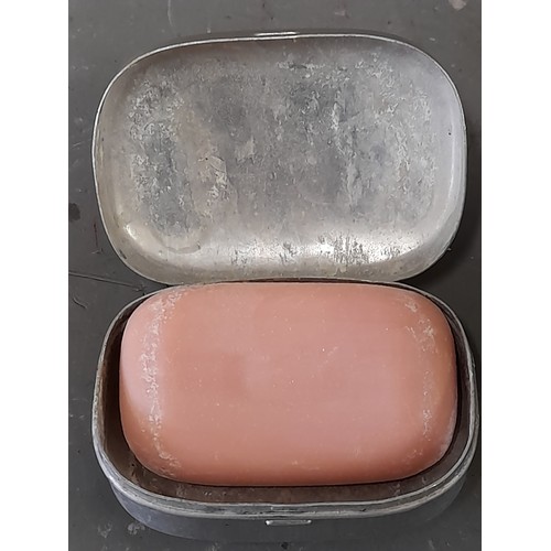166 - WW2 aluminium Soap Holder with hinged id dated 1945 with Broad Arrow, contains soap bar and a Metal ... 