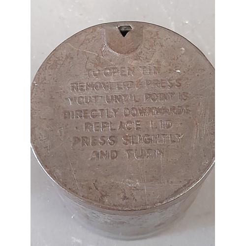 166 - WW2 aluminium Soap Holder with hinged id dated 1945 with Broad Arrow, contains soap bar and a Metal ... 