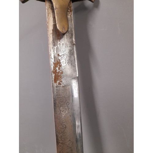 168 - Indian Tulwaar Sword with etched Blade and Velvet covered Sheath, overall length 70cm