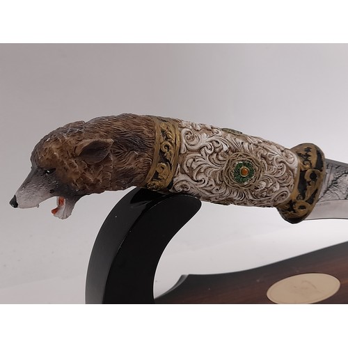 172 - Ornamental Knife on Stand with Resin Wolf Head, total length 34cm