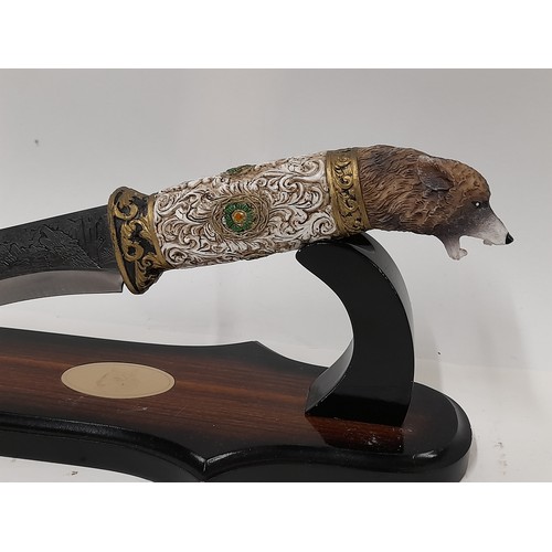 172 - Ornamental Knife on Stand with Resin Wolf Head, total length 34cm