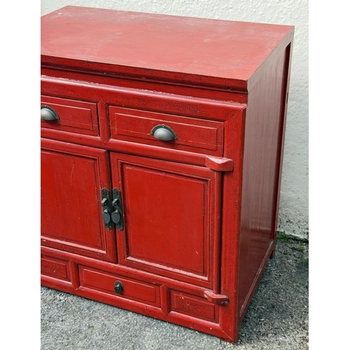 5 - Chinese Red Lacquered Stye Cupboard. 83 x 78 x 49 cms