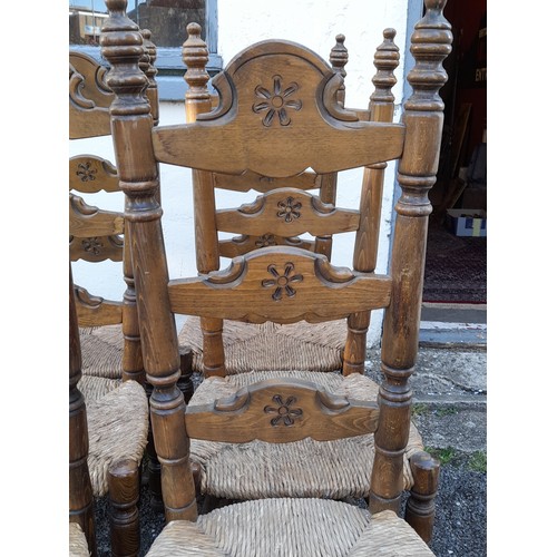 38 - Set of 6 Spanish Style Carved wooden Ladder Back Dinning Chairs with Rush Seat, seat height 46cm