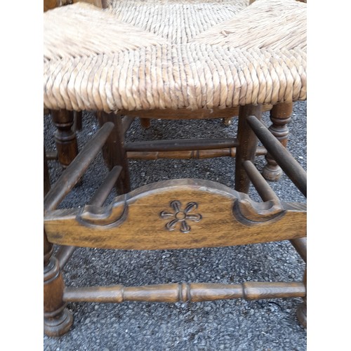 38 - Set of 6 Spanish Style Carved wooden Ladder Back Dinning Chairs with Rush Seat, seat height 46cm