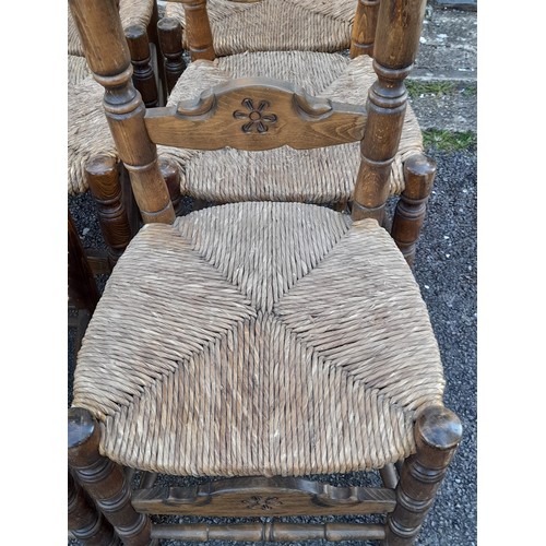 38 - Set of 6 Spanish Style Carved wooden Ladder Back Dinning Chairs with Rush Seat, seat height 46cm