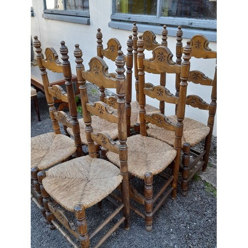 38 - Set of 6 Spanish Style Carved wooden Ladder Back Dinning Chairs with Rush Seat, seat height 46cm