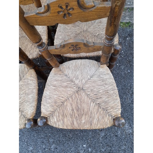 38 - Set of 6 Spanish Style Carved wooden Ladder Back Dinning Chairs with Rush Seat, seat height 46cm