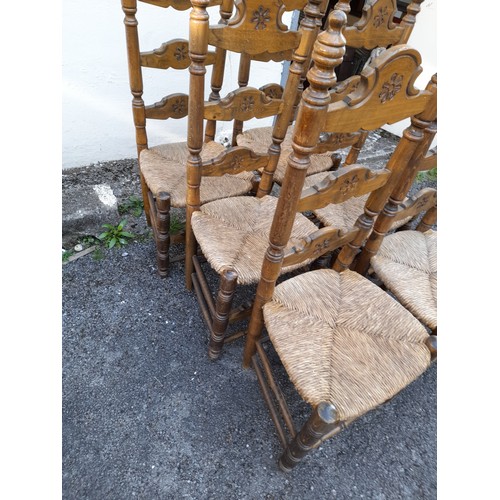 38 - Set of 6 Spanish Style Carved wooden Ladder Back Dinning Chairs with Rush Seat, seat height 46cm