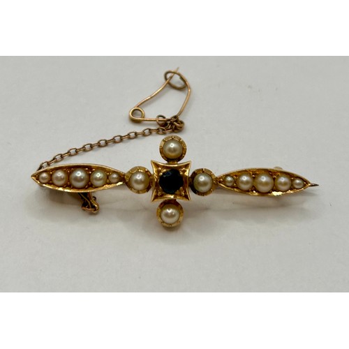 105 - Tested Due To No Hallmarks 14Ct Gold Pearl And Gem Stone Style Set Pin Broach. 5cm, 4.77Grams.