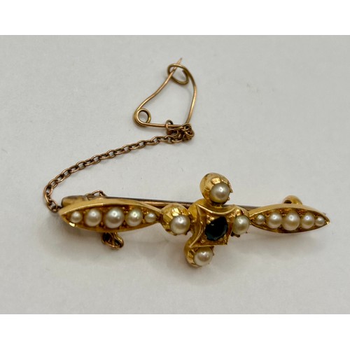 105 - Tested Due To No Hallmarks 14Ct Gold Pearl And Gem Stone Style Set Pin Broach. 5cm, 4.77Grams.