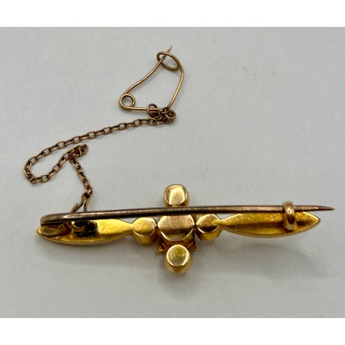 105 - Tested Due To No Hallmarks 14Ct Gold Pearl And Gem Stone Style Set Pin Broach. 5cm, 4.77Grams.