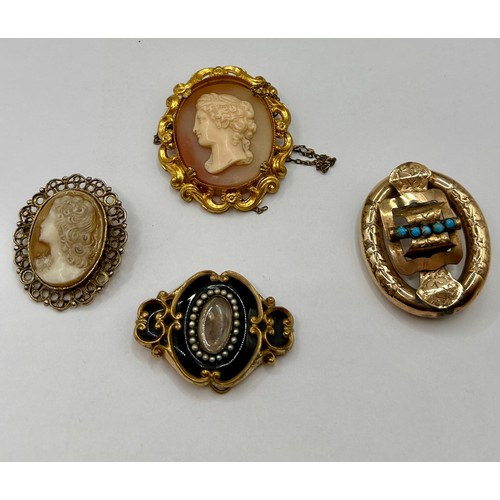 111 - Two Gold Coloured Cameo Brooches Along With Two Decorative Gem Set Brooches, Largest 5cm x 4cm.  (4)