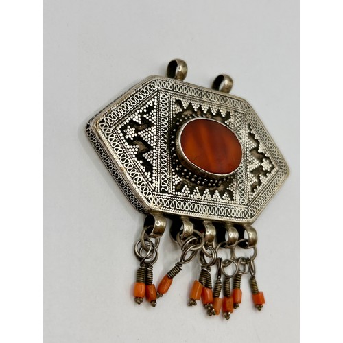 116 - Hand Crafted Afghan Silver Decorative Pendant To Include Red Agate/Carnelian Central Stone. 6cm x 5c... 