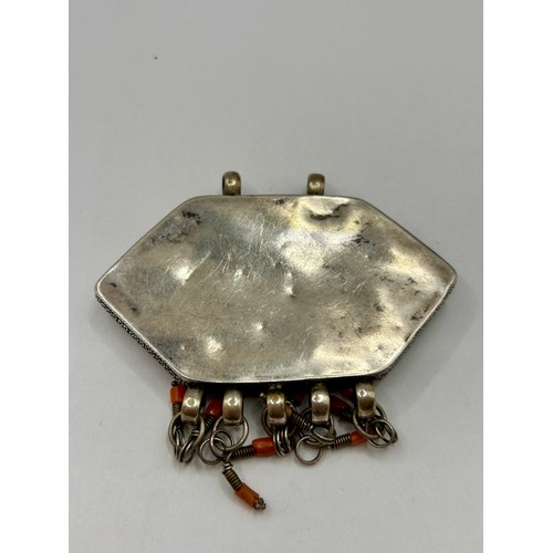 116 - Hand Crafted Afghan Silver Decorative Pendant To Include Red Agate/Carnelian Central Stone. 6cm x 5c... 