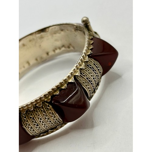 137 - Middle Eastern Silver Carnelian Agate Stone Set Bracelet. 7cm.