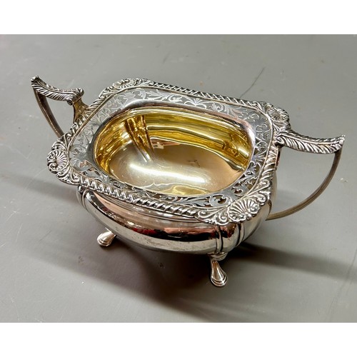 142 - Silver Hallmarked Decorative Rimmed Double Handled Large Sugar Bowl. 26cmm x 16cm, 408.9Grams.