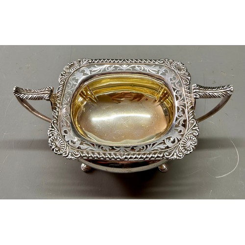 142 - Silver Hallmarked Decorative Rimmed Double Handled Large Sugar Bowl. 26cmm x 16cm, 408.9Grams.