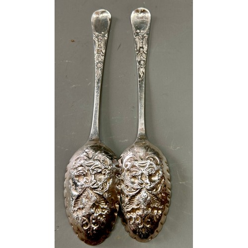 148 - Pair Of Large Georgian Silver Hallmarked Decorative Berry Spoons, To include Creature Faces, Makers ... 