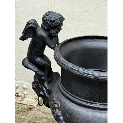 6 - A Pair Of Large Very Heavy Cast Iron Cherub Decoration Garden Planters. 85 x 93 cms (2)