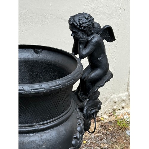6 - A Pair Of Large Very Heavy Cast Iron Cherub Decoration Garden Planters. 85 x 93 cms (2)