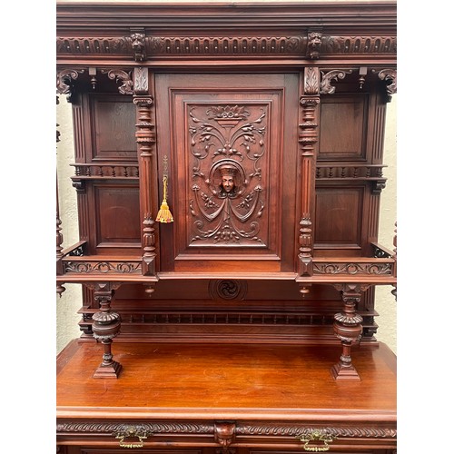 16 - Antique Ornately Carved Continental Walnut Buffet In The Renaissance Style . 142 x 61 x 231cms