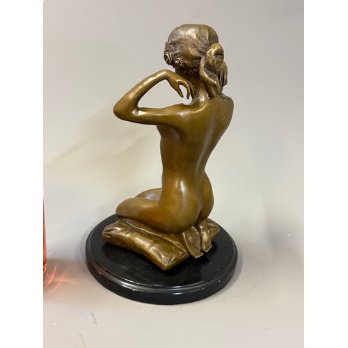 92 - Art Deco Style Bronze Nude Woman On A Cushion, Signature To Cushion. 29 cms High