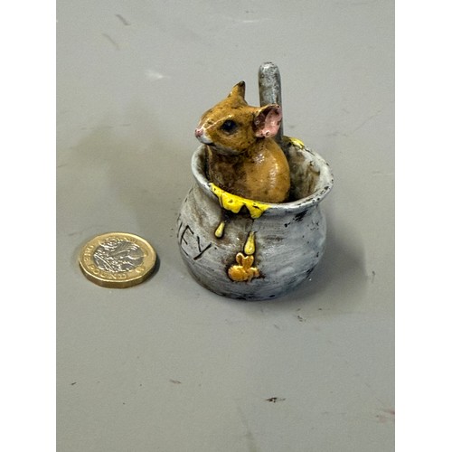 446 - Bergman Style Novelty Cold Painted Bronze Figure Of A Mouse In A Honey Jar. Circa 6 cms High.