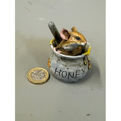446 - Bergman Style Novelty Cold Painted Bronze Figure Of A Mouse In A Honey Jar. Circa 6 cms High.