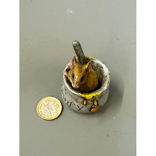 446 - Bergman Style Novelty Cold Painted Bronze Figure Of A Mouse In A Honey Jar. Circa 6 cms High.