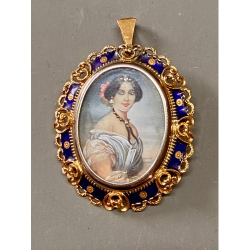 101A - Pretty 9Ct Gold Decorative Enamel Pendant, To Include Hand Painted Lady With Diamond Stones In Hair.... 