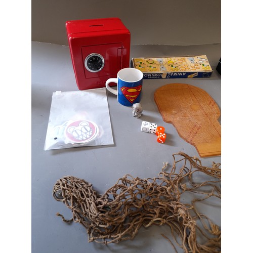 319 - Mixed Lot to include metal Money Box in form of a Safe, Superman Mug, Vintage Plates, Sunglasses, ch... 