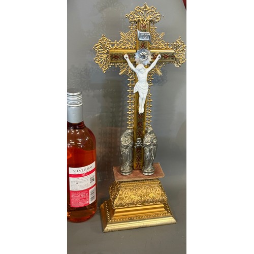 291 - Gilt Metal And Wood Altar Cross Crucifix. 45 cms High