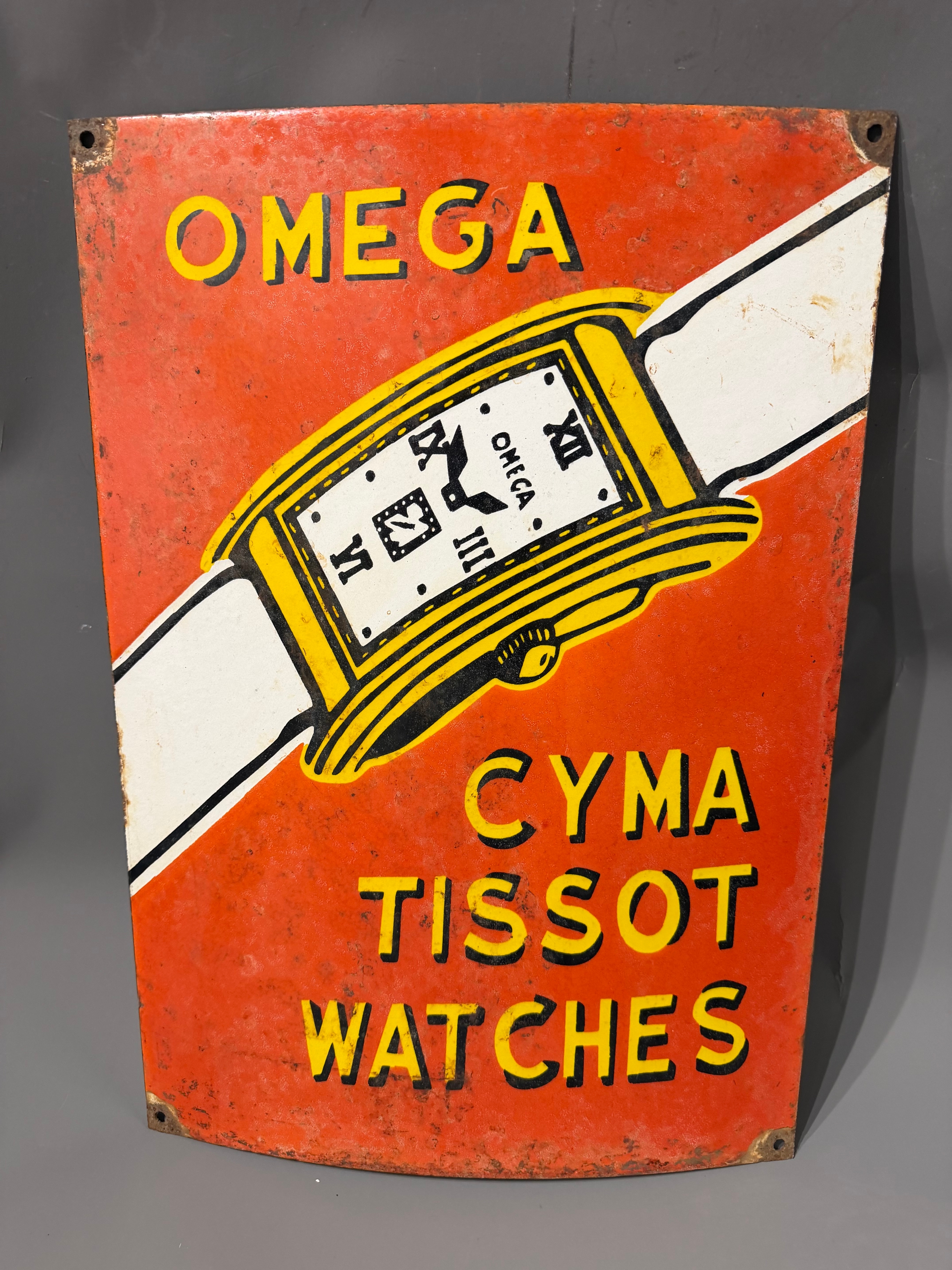 Enamel Decorative Advertising Sign For Omega, Tissot Watches. 50cm x 36cm.