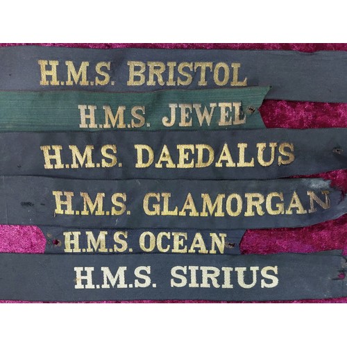 6 - 12 Naval Cap Tallies - H.M.S. BRISTOL H.M.S. JEWEL H.M.S. DAEDALUS H.M.S. GLAMORGAN H.M.S. OCEAN H.M... 