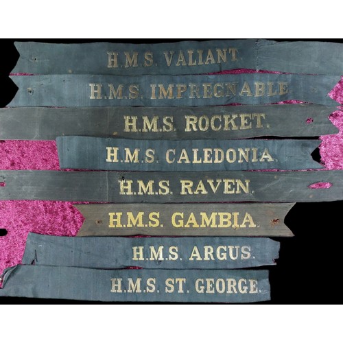 8 - 16 Naval Cap Tallies - H.M.S. VALIANT H.M.S. IMPREGNABLE H.M.S. ROCKET H.M.S.CALEDONIA H.M.S. RAVEN ... 