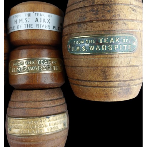 22 - 3 Miniature Barrels & 2 Napkin Rings From The Teak of Royal Navy Ships