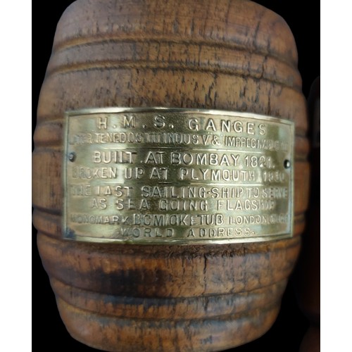 22 - 3 Miniature Barrels & 2 Napkin Rings From The Teak of Royal Navy Ships